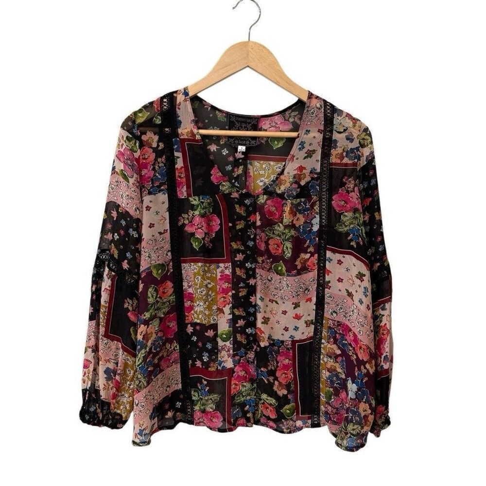 Johnny Was Jade Roswell Pieced Blouse Pink Black Lace Patchwork Floral Top S